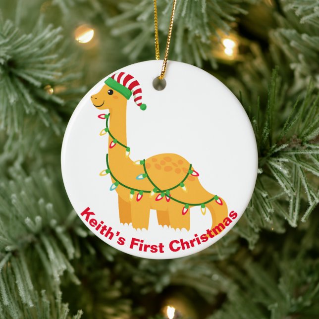 Baby's First Christmas Dinosaurier. Personalisierb Keramik Ornament (Baum)