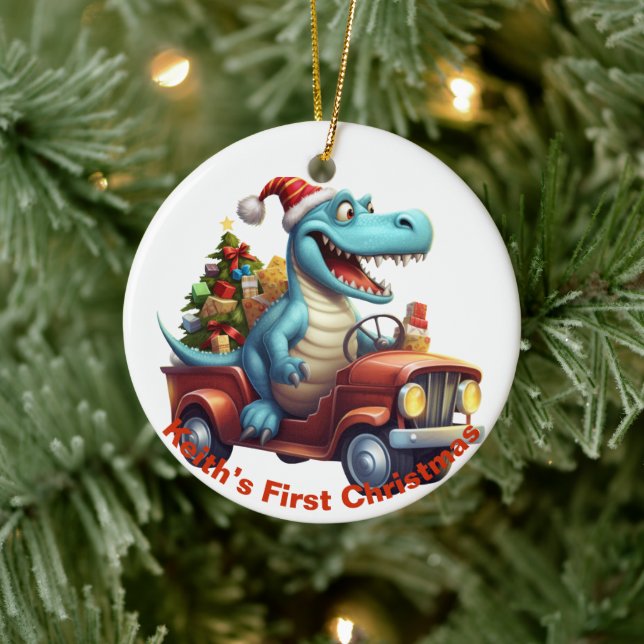 Baby's First Christmas Dinosaurier. Personalisierb Keramik Ornament (Baum)