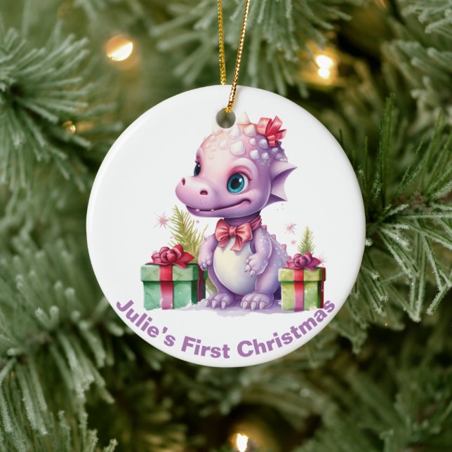 Baby's First Christmas Dinosaurier. Personalisierb Keramik Ornament (Baum)