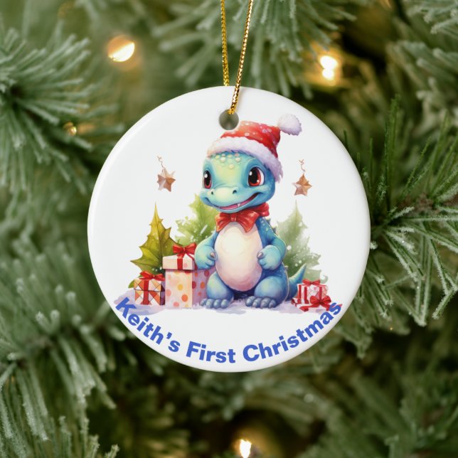 Baby's First Christmas Dinosaurier. Personalisierb Keramik Ornament (Baum)