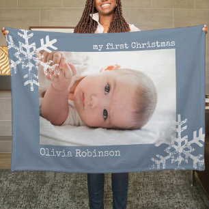 Baby's First Christmas Dusty Blue Foto Snowflakes Fleecedecke
