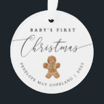 Baby's First Christmas Elegant Script Foto Ornament<br><div class="desc">Niedliche Weihnachtsschmuck für ein Neugeborenes mit Aquarellbildern eines Lebkuchengebäcks. Im eleganten Text oben steht "Babys erste Weihnachten". Fügen Sie ein Bild auf der Rückseite des Ornaments hinzu.</div>