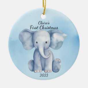 Baby's First Christmas Elephant Blue Personalisier Keramik Ornament