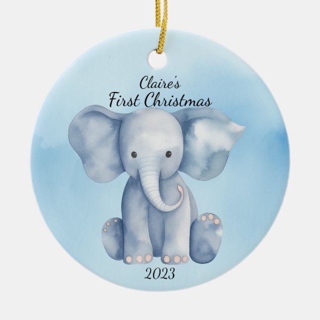 Baby's First Christmas Elephant Blue Personalisier Keramik Ornament (Vorne)