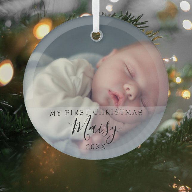 Baby's First Christmas Foto Elegantes Skript Ornament Aus Glas (Von Creator hochgeladen)