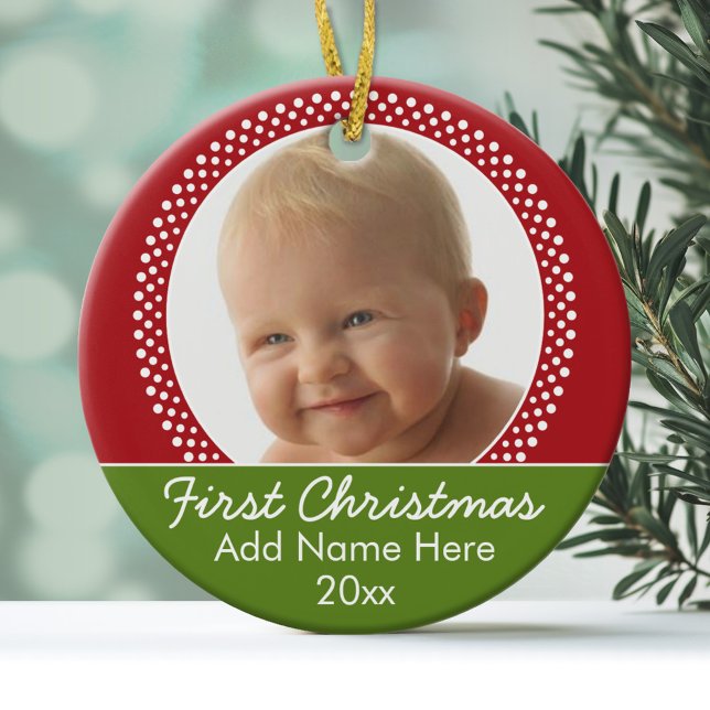 Baby's First Christmas Foto Frame - Rot und Grün Keramik Ornament (Personalized Photo Ornament)