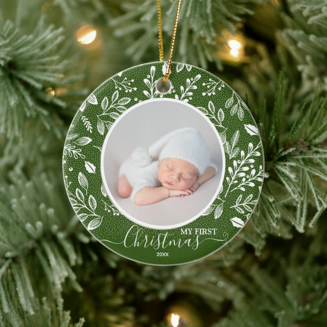 Baby's First Christmas Foto Green Keramik Ornament (Baum)