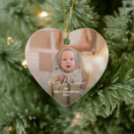Baby's First Christmas Foto Heart Keramik Ornament<br><div class="desc">Dieses charmante, herzförmige Baby-Weihnachtsschmuck zeigt das Foto und den Namen Ihres Babys oder jede andere Botschaft auf der Vorder- und Rückseite. FOTO TIPP: Crop your high-resolution Foto in ein quadratisches Quadrat, wenn du es will, um es auf dem Ornament zu erscheinen, bevor du es hochlädst. ÄNDERN Sie das Sprichwort, die...</div>