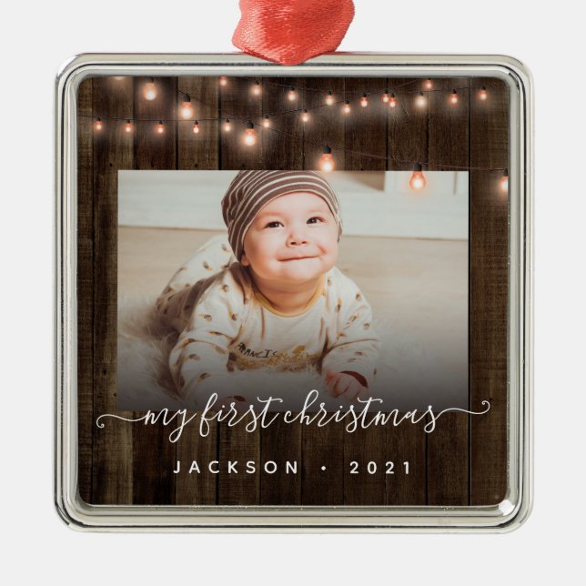Baby's First Christmas Foto Holz und Licht Ornament Aus Metall (Vorne)