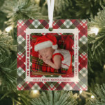 Baby's First Christmas Foto Kariert Ornament Aus Glas<br><div class="desc">Ihr Lieblingsstift wird auf einem viereckigen Glasdekor mit kariertem Hintergrund in Rot,  Grün und Weiß präsentiert. Personalisiert und laden Sie Ihre eigenen Bilder und Informationen hoch,  um Weihnachtsbaumschmuck für sich selbst zu schaffen oder als Geschenk an Familie,  Freunde,  Eltern und Großeltern! MEHR DESIGNS in unserem Geschäft.</div>