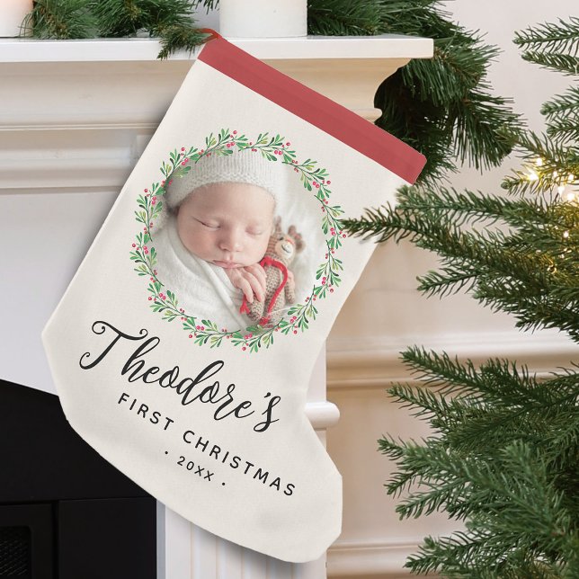 Baby's First Christmas Foto Kranz Name Keepake Kleiner Weihnachtsstrumpf (Baby's First Christmas Photo Wreath Name Small Christmas Stocking)