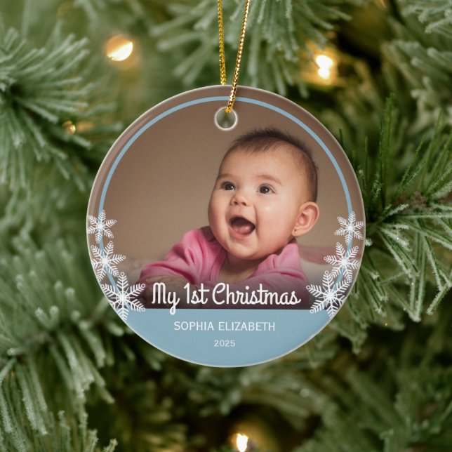 Baby's First Christmas Foto Light Blue Keramik Ornament (Baum)
