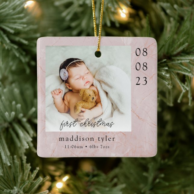 Baby's First Christmas Foto Marmor Keramikornament (Baum)