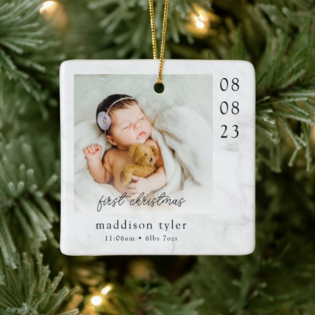 Baby's First Christmas Foto Marmor Keramikornament (Baum)