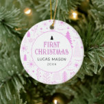 Baby's First Christmas Foto Modern Keramik Ornament<br><div class="desc">Baby's First Weihnachtsfeiertag Dekoration. Weihnachtsbaum,  Grünpflanzen,  Schneeflocken-Baby-Rosa-Muster mit Platz für Babynamen,  Jahr und Ihr Lieblings-Foto auf der Rückseite.</div>