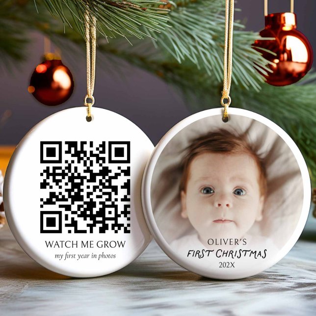 Baby's First Christmas Foto Ornament mit QR Code (Baby's First Christmas Photo Christmas Ornament with QR Code)
