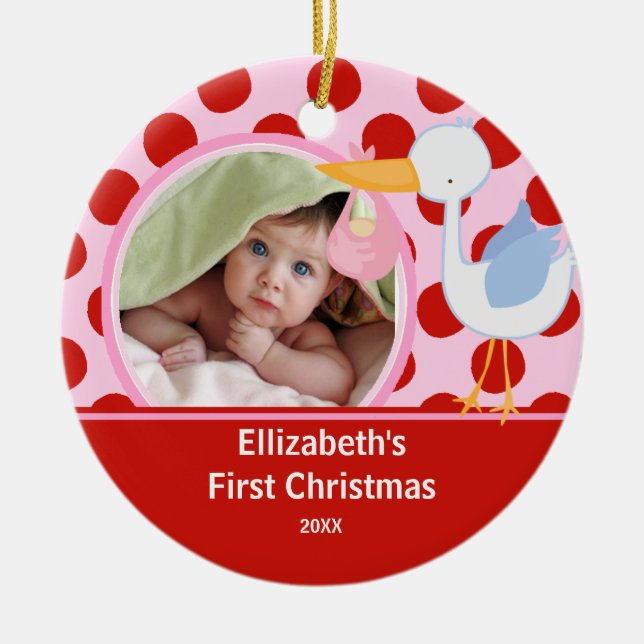 Babys First Christmas Foto Ornament Stork Girl (Vorne)