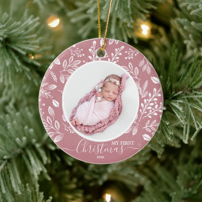 Baby's First Christmas Foto Pink Keramik Ornament (Baum)