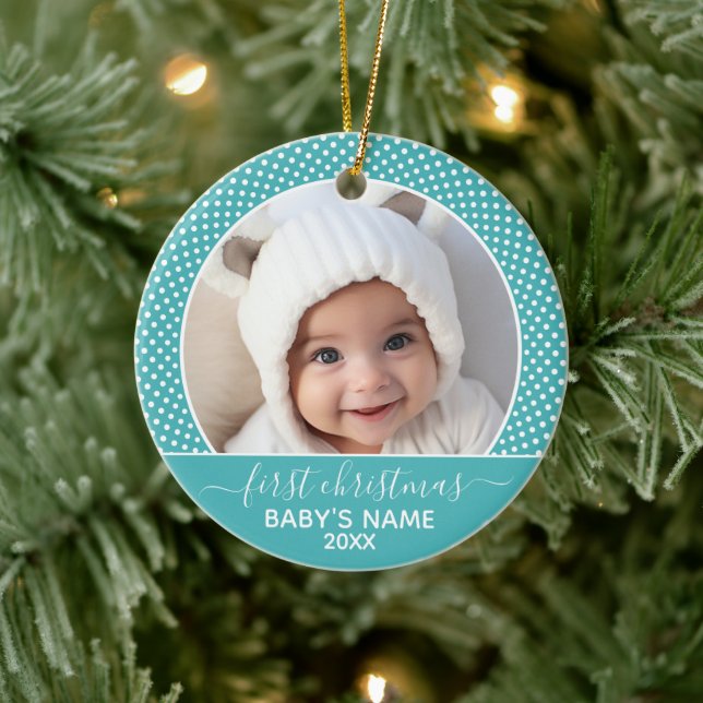 Baby's First Christmas Foto Polka Dot Calligraphie Keramik Ornament (Baum)