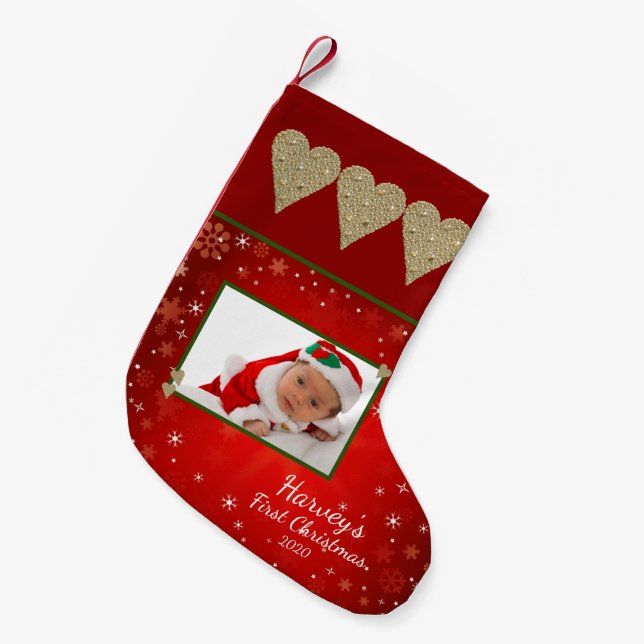 Baby's First Christmas Foto Red Gold Heart Kleiner Weihnachtsstrumpf (Vorderansicht (hängend))