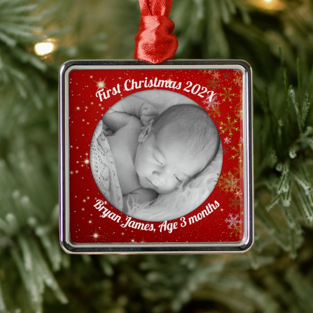 Baby's First Christmas Foto Red Twinkling Stars Ornament Aus Metall (Baum)