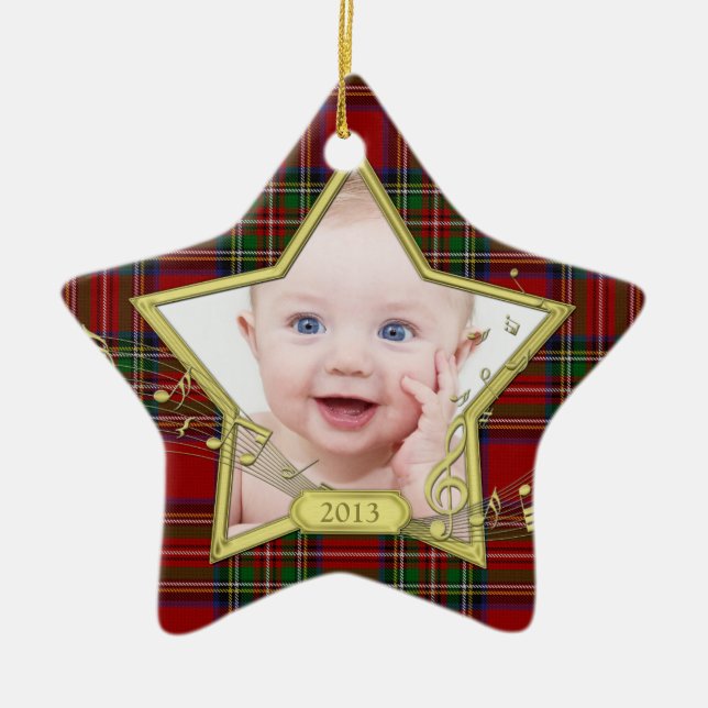 Baby's First Christmas Foto Star Tartan Xmas Keramikornament (Vorne)