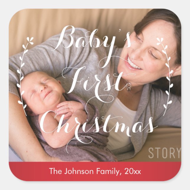 Baby's First Christmas Foto Stickers Square (Vorderseite)