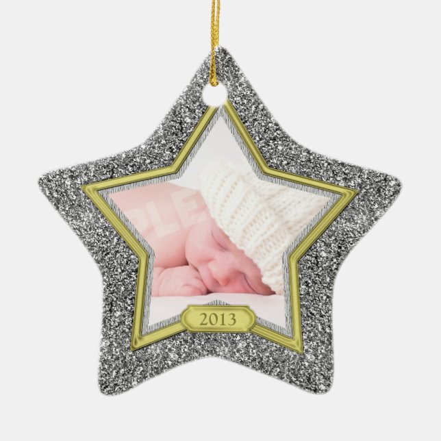 Baby's First Christmas Foto Xmas Silver Gold Star Keramik Ornament (Vorne)