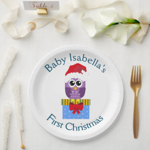 Baby's First Christmas Funny Lila Owl Pappteller
