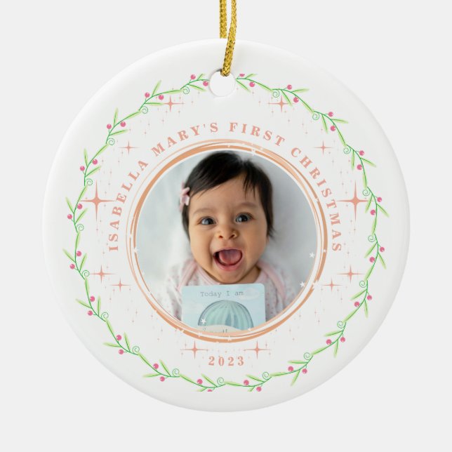 Baby's First Christmas Green Pink Foto Ornament (Vorne)