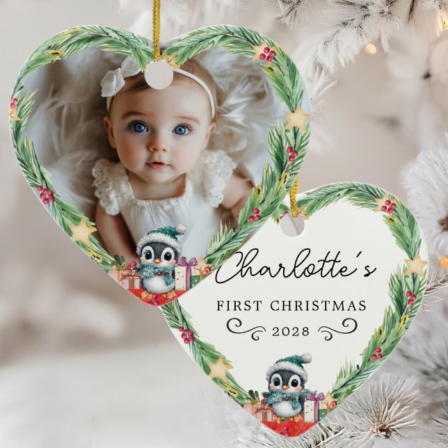 Baby's First Christmas - Heart & Penguin Foto Keramik Ornament (Von Creator hochgeladen)