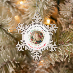 Baby's First Christmas Individuelle Name Foto Schneeflocken Zinn-Ornament