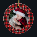 Baby's First Christmas Kariert 2 Foto Ornament<br><div class="desc">2 Foto Buffalo Kariert Faith Family Liebe Joy - Das erste Weihnachtsschmuck des Babys zeigt 2 Ihrer wertvollen Fotos,  umgeben von rustikalen roten und schwarzen Büffel kariert. Was für ein besonderer Weihnachtsrezept! Es ist ein fabelhaftes Geschenk,  das für die nächsten Jahre gepflegt werden soll. Magnolia & Thistle E.: bev@magnoliaandthistle.design</div>