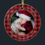 Baby's First Christmas Kariert 2 Foto Ornament<br><div class="desc">2 Foto Buffalo Kariert Faith Family Liebe Joy - Das erste Weihnachtsschmuck des Babys zeigt 2 Ihrer wertvollen Fotos,  umgeben von rustikalen roten und schwarzen Büffel kariert. Was für ein besonderer Weihnachtsrezept! Es ist ein fabelhaftes Geschenk,  das für die nächsten Jahre gepflegt werden soll. Magnolia & Thistle E.: bev@magnoliaandthistle.design</div>