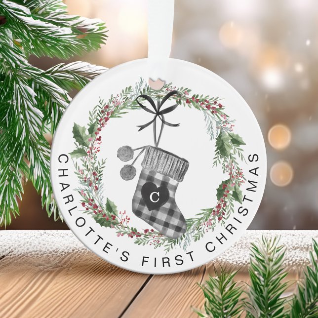 Baby's First Christmas Kariert Strumpf Wreath Foto Ornament (Baby's First Christmas Plaid Stocking Wreath Photo Ornament)
