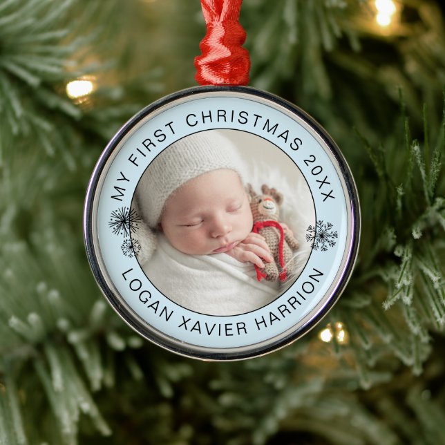 Baby's First Christmas Keepake Foto Ornament Aus Metall (Baum)