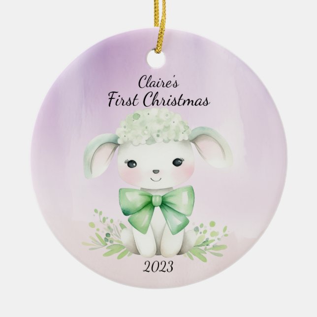 Baby's First Christmas Lamb Personalisiert Keramik Ornament (Vorne)
