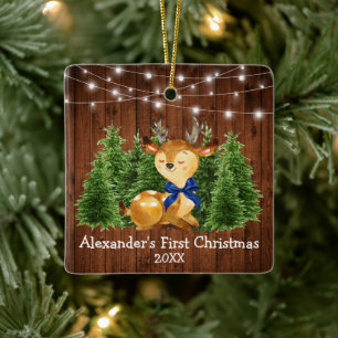 Baby's First Christmas Lights Deer Blue Bow Keramikornament