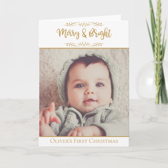 Baby's First Christmas Merry & Bright BABY's FOTO Karte (Vorderseite)