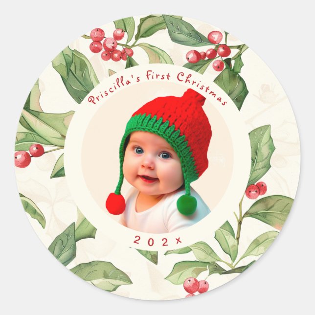 Baby's First Christmas Mistletoe Foto Runder Aufkleber (Vorderseite)