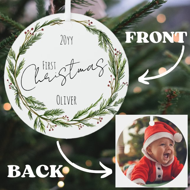 Baby's First Christmas Mistletoe Wreath and Foto Ornament Aus Metall (Von Creator hochgeladen)