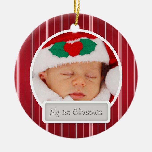Baby's First Christmas Mod Stripes Pattern Red Keramikornament (Vorne)