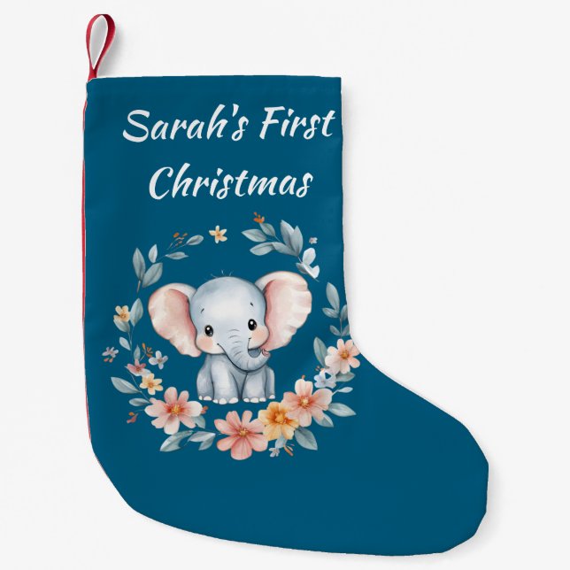 Baby's First Christmas Niedlich Elemphant Floral Kleiner Weihnachtsstrumpf (Vorderseite)