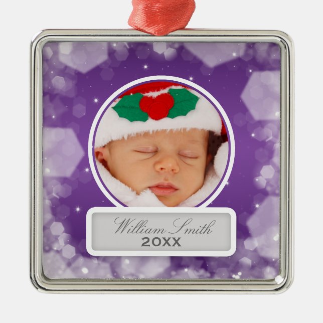 Baby's First Christmas Night Sparkle Lila Silbernes Ornament (Vorne)
