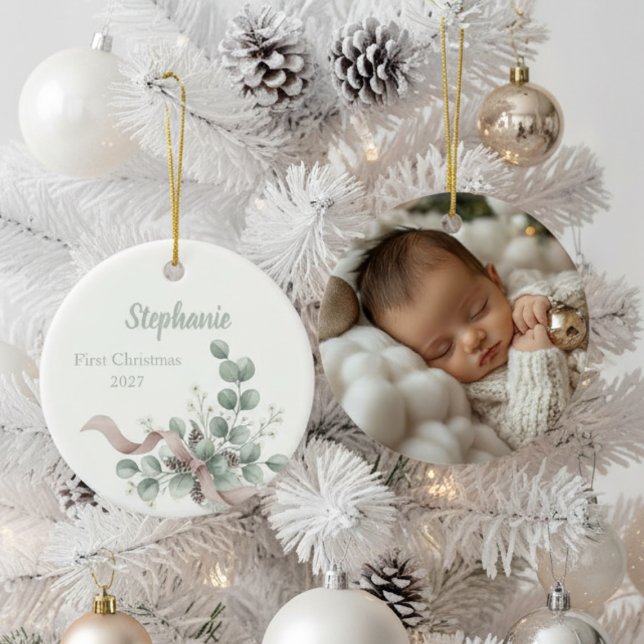 Baby's First Christmas Ornament - Eucalyptus & Bow (Baby's First Christmas photo ornament)