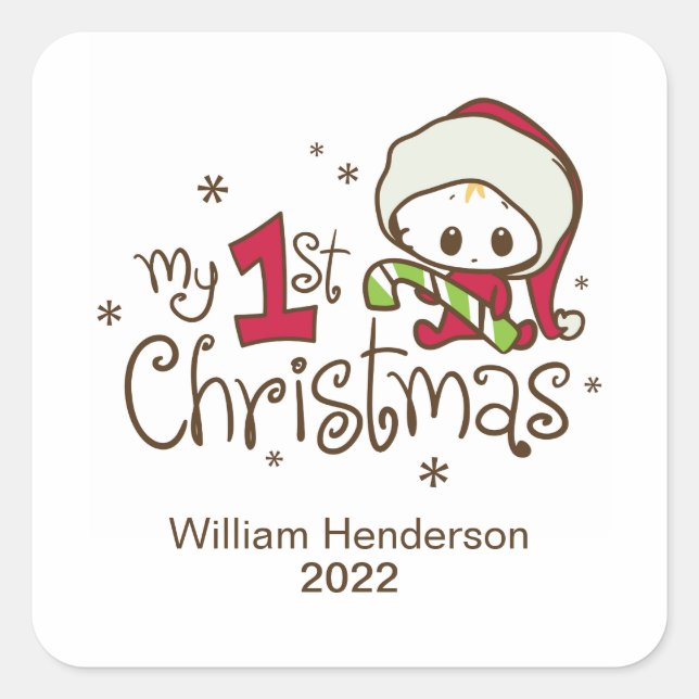 Baby's First Christmas Personalisiert Square Stick Quadratischer Aufkleber (Vorderseite)