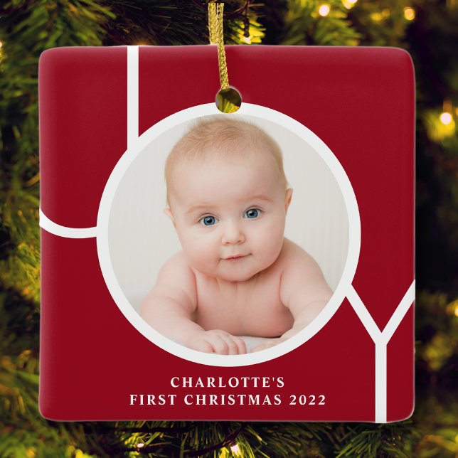 Baby's First Christmas personilized Red Foto Keramikornament (Von Creator hochgeladen)