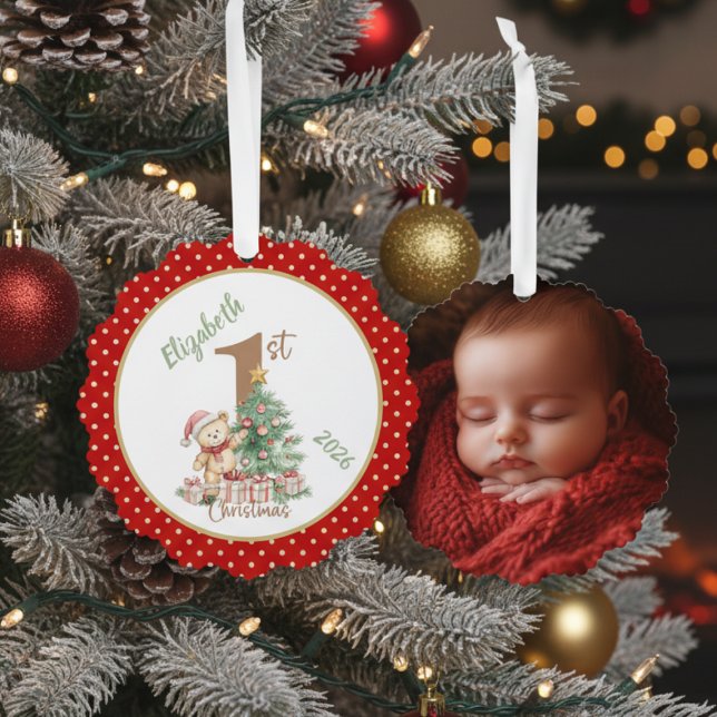 Baby's First Christmas Photo Ornament Karte (Baby's First Christmas Teddy Bear photo ornament)