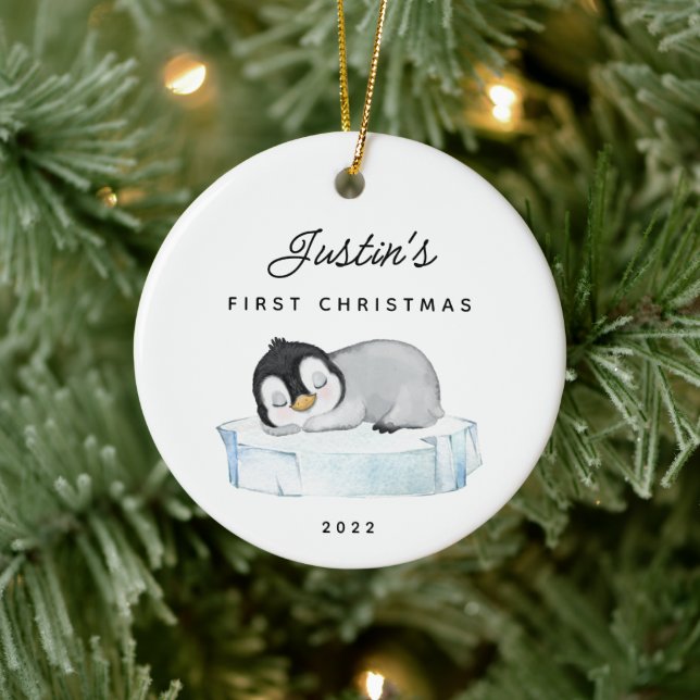 Baby's First Christmas Pinguin 2 Sided Foto Keramik Ornament (Baum)