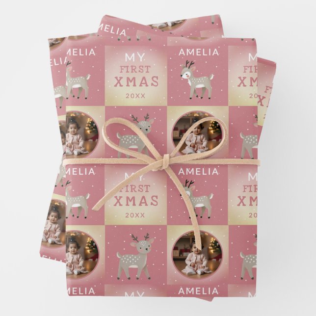 Baby's First Christmas Pink Deer Photo Geschenkpapier Set (Beispiel)